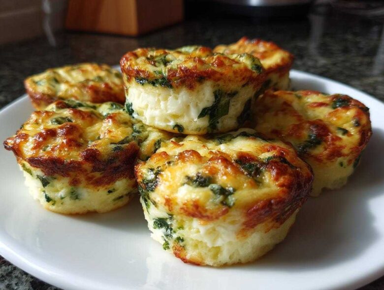 A stack of five golden brown, baked egg bites mixed with spinach, served on a white plate.