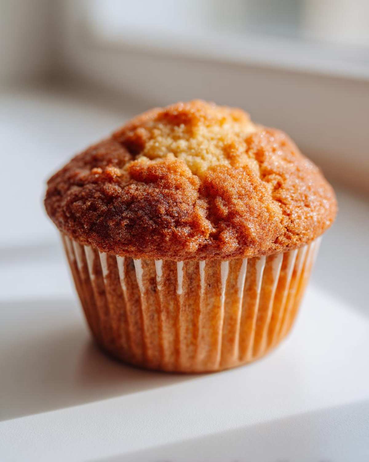 Close-up of a single, perfectly baked banana protein muffin with a golden-brown, domed top in a white paper liner.