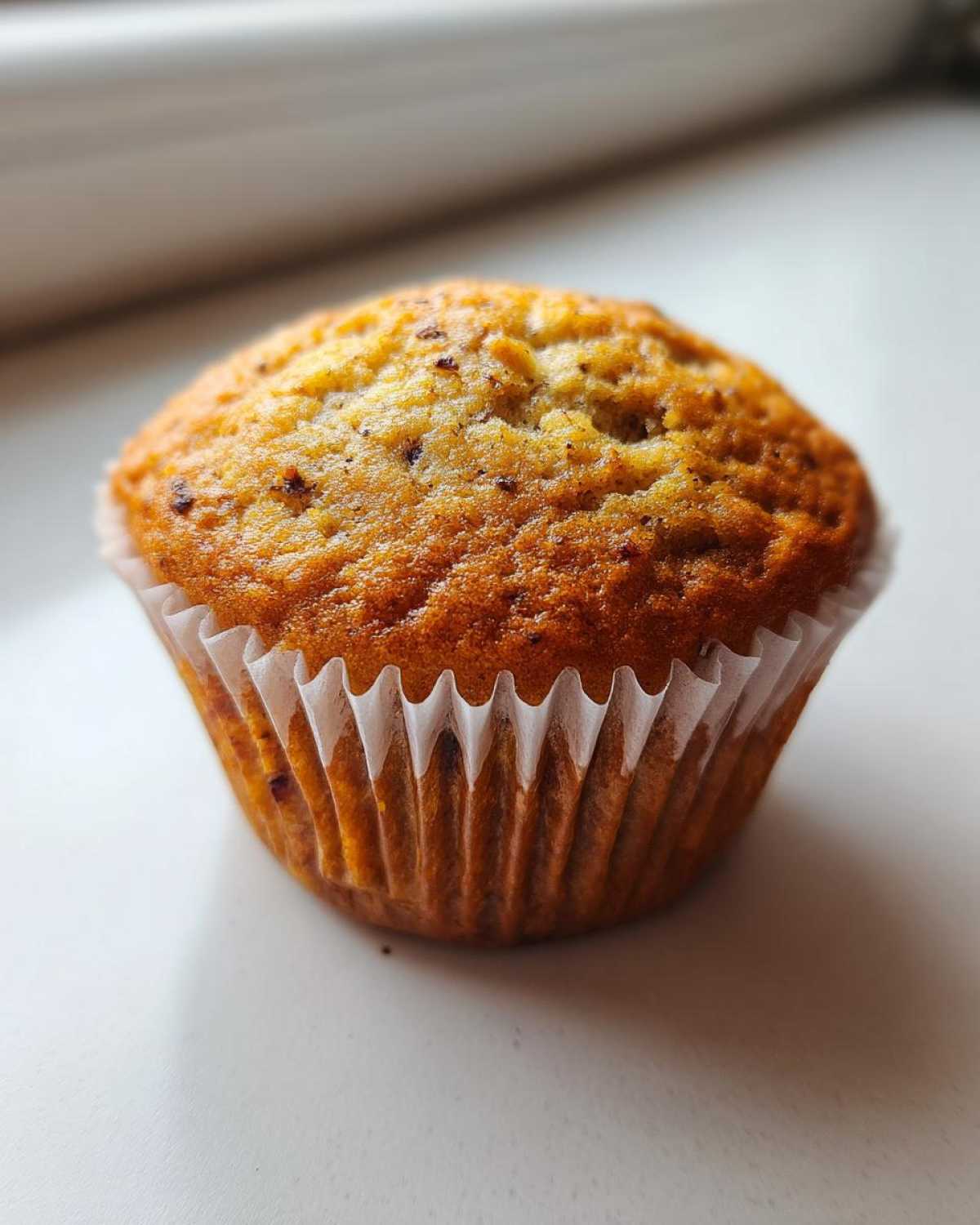 A single, perfectly baked banana protein muffin with a golden-brown top, sitting in a white paper liner.