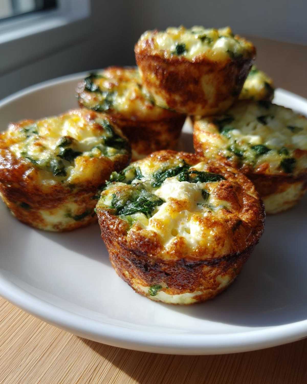 A stack of golden brown, baked egg bites mixed with spinach, served on a white plate.