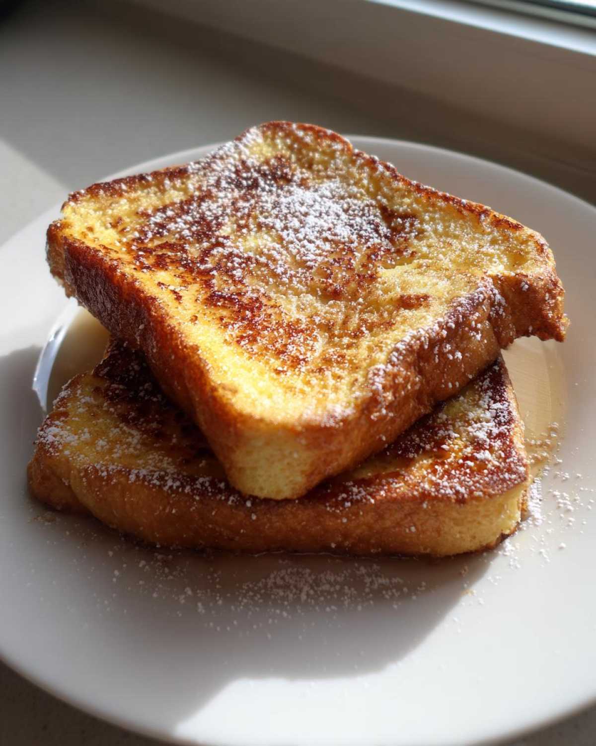 Two slices of golden brown easy french toast stacked on a white plate, dusted with powdered sugar.