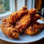 A close-up of a pile of crispy, golden brown fried chicken wings served on a white plate near a window.