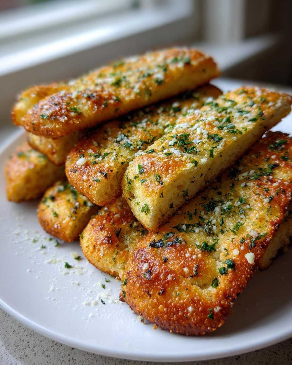 A stack of golden brown, fluffy breadsticks seasoned with garlic, parmesan cheese, and fresh parsley.