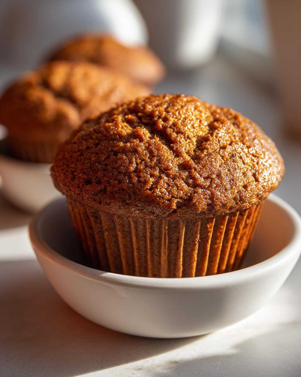 A close-up, warmly lit photo of a perfectly baked honey bran muffin sitting in a small white bowl.