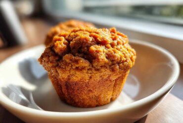 A close-up of a freshly baked, golden brown honey bran muffin with a crumbly top, resting on a white dish.