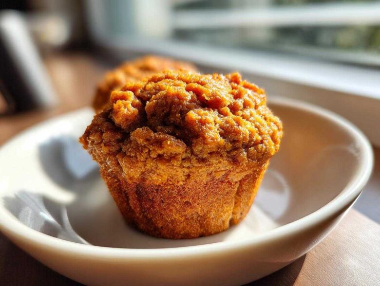 A close-up of a freshly baked, golden brown honey bran muffin with a crumbly top, resting on a white dish.