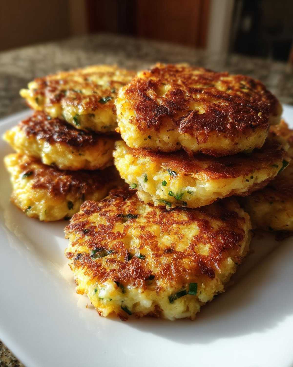 A stack of perfectly pan-fried, golden brown mashed potato cakes dotted with green herbs.
