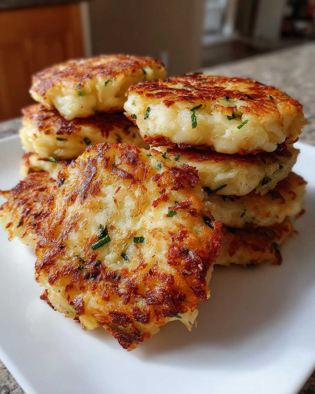 A stack of perfectly pan-fried, golden brown mashed potato cakes flecked with green herbs.