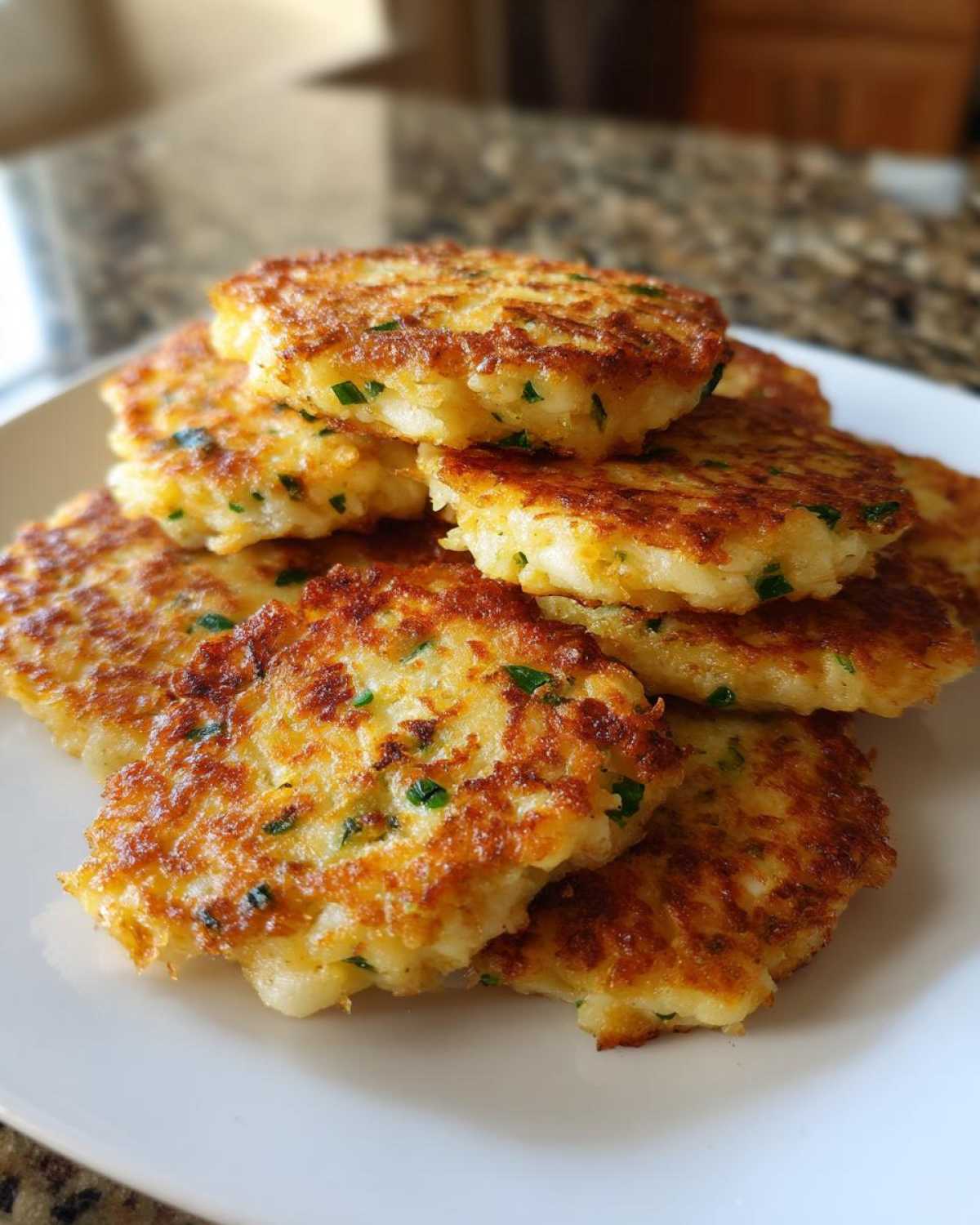A stack of perfectly pan-fried, golden brown mashed potato cakes flecked with green herbs.