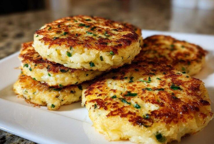 A stack of perfectly pan-fried mashed potato cakes, golden brown with visible green herbs.