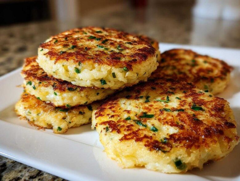 A stack of perfectly pan-fried mashed potato cakes, golden brown with visible green herbs.