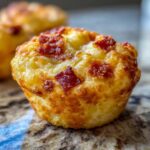 Close-up of a freshly baked pizza muffin with melted cheese and crispy pepperoni pieces on top.