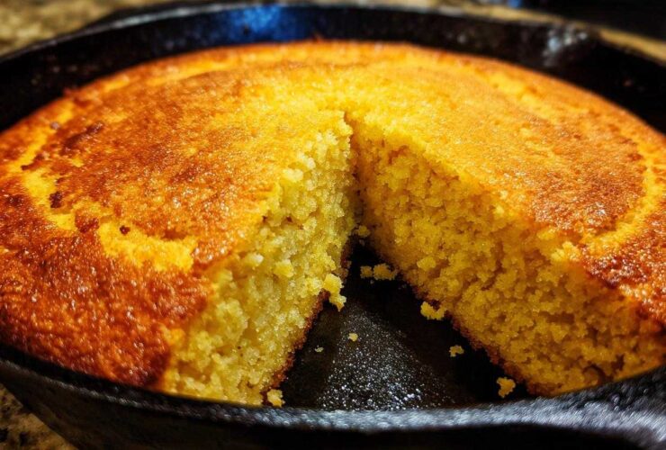 Close-up of golden brown skillet cornbread with a piece cut out, showing the crumb texture.