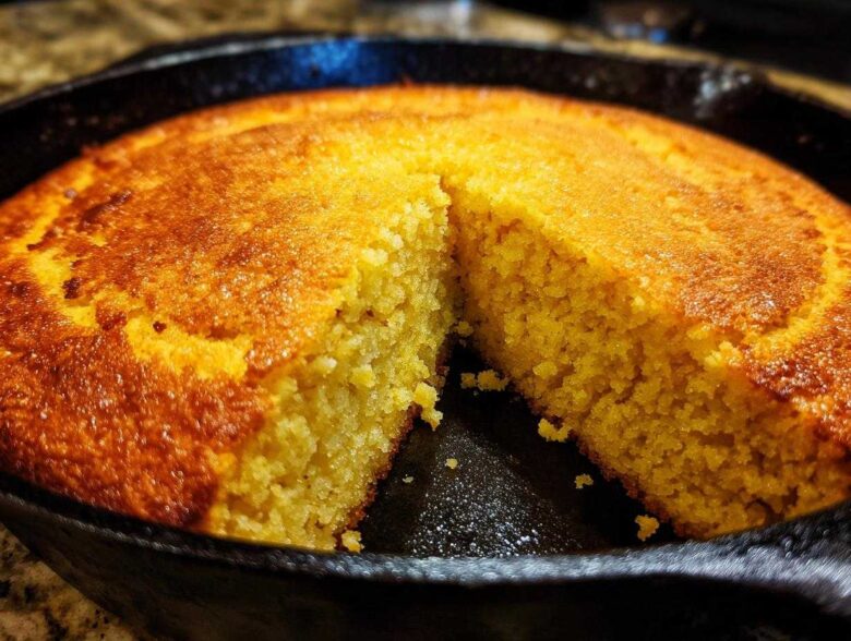 Close-up of golden brown skillet cornbread with a piece cut out, showing the crumb texture.