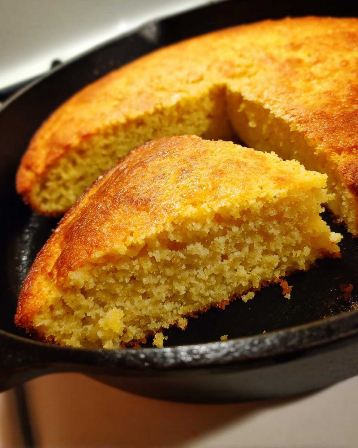 A close-up of golden brown skillet cornbread in a cast iron pan with one triangular slice pulled out.