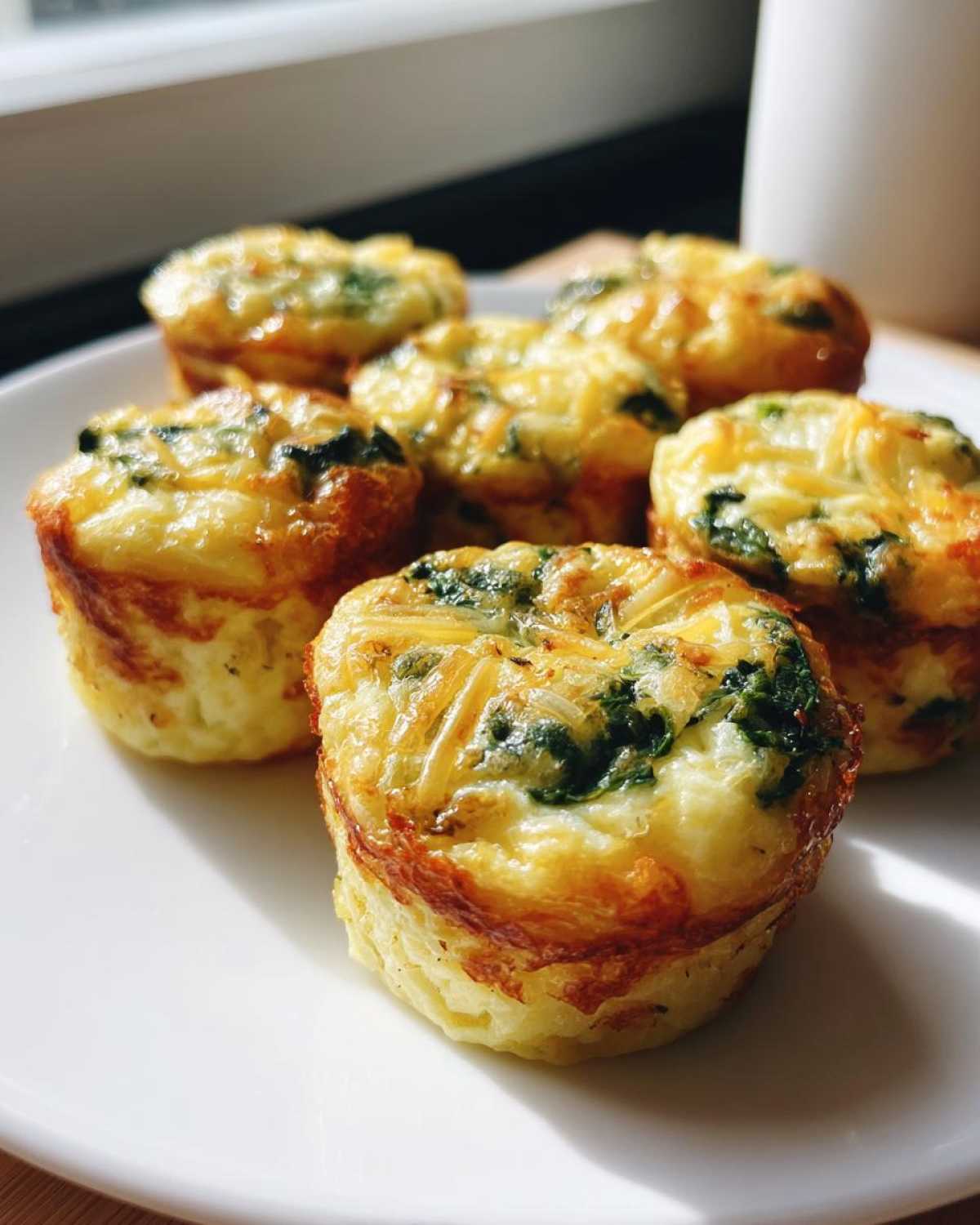 A close-up of several golden brown spinach and cheese egg bites arranged on a white plate.