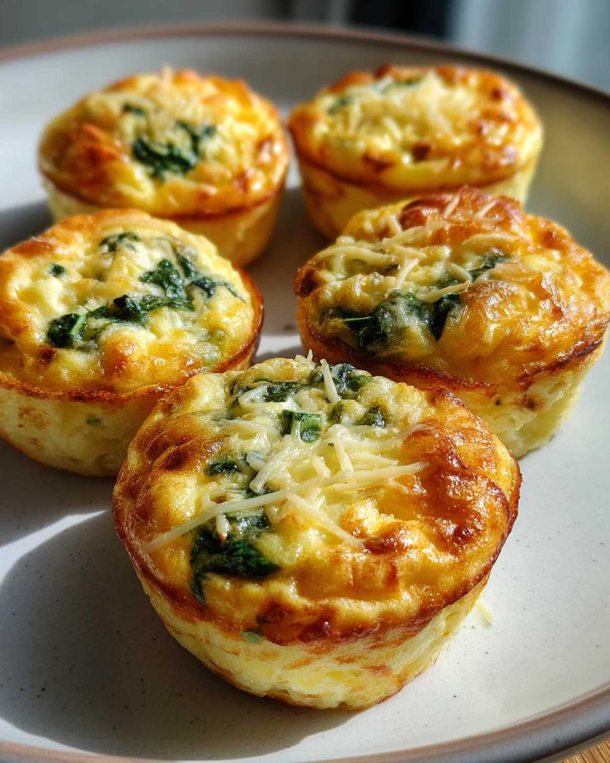 Five freshly baked, golden brown egg bites with visible spinach and melted cheese topping.