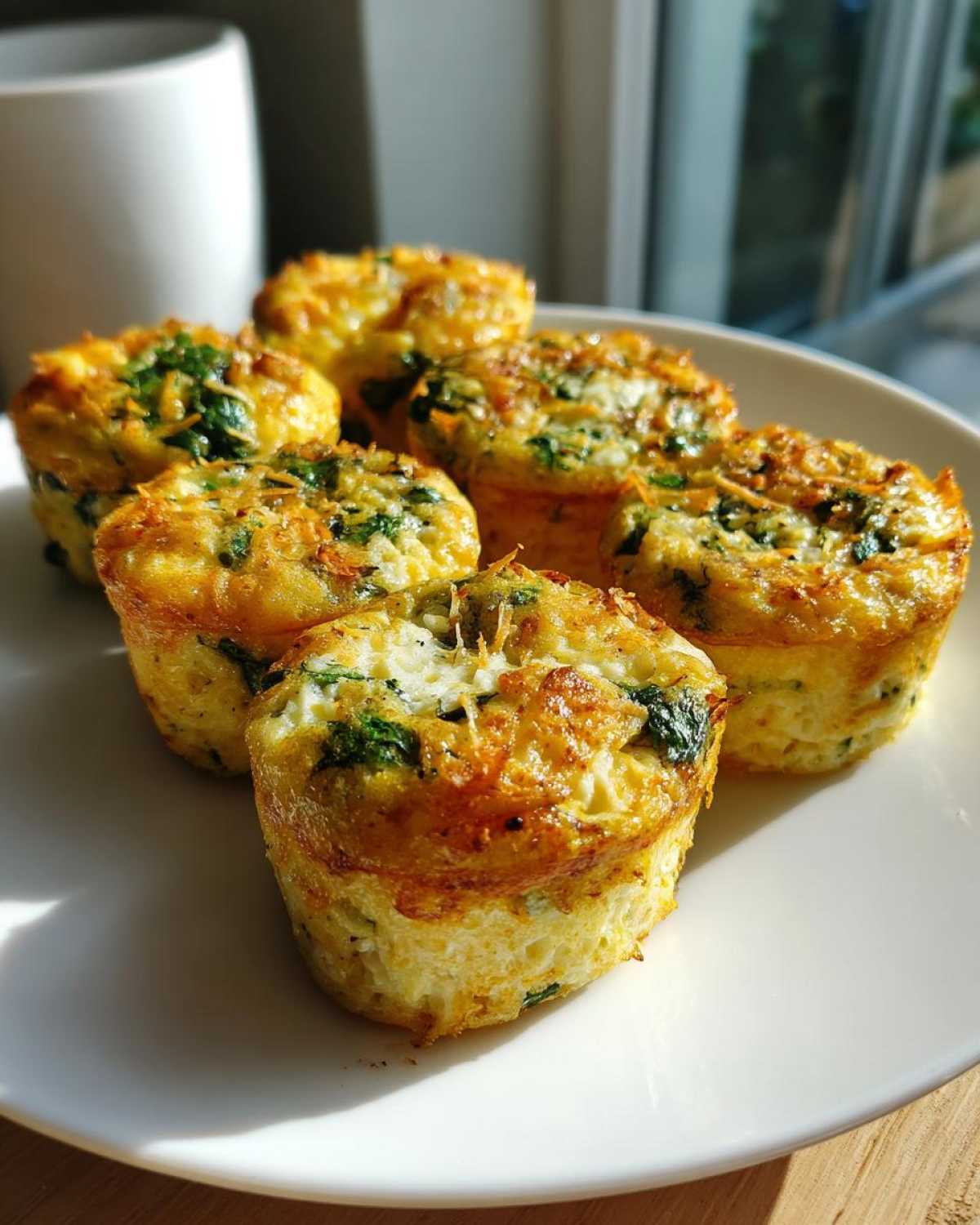 Six golden brown, baked egg bites with visible spinach and cheese topping served on a white plate.