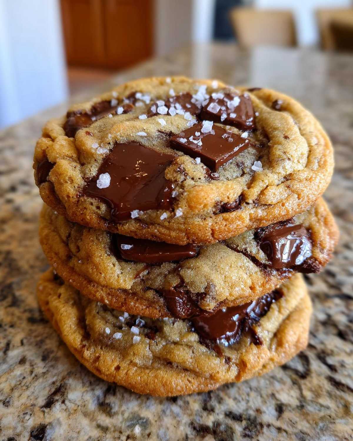 A stack of three thick, gooey chocolate chip cookies topped with flaky sea salt.