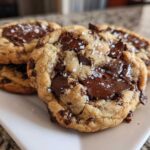 Close-up of three thick, gooey chocolate chip cookies topped with flaky sea salt on a white plate.