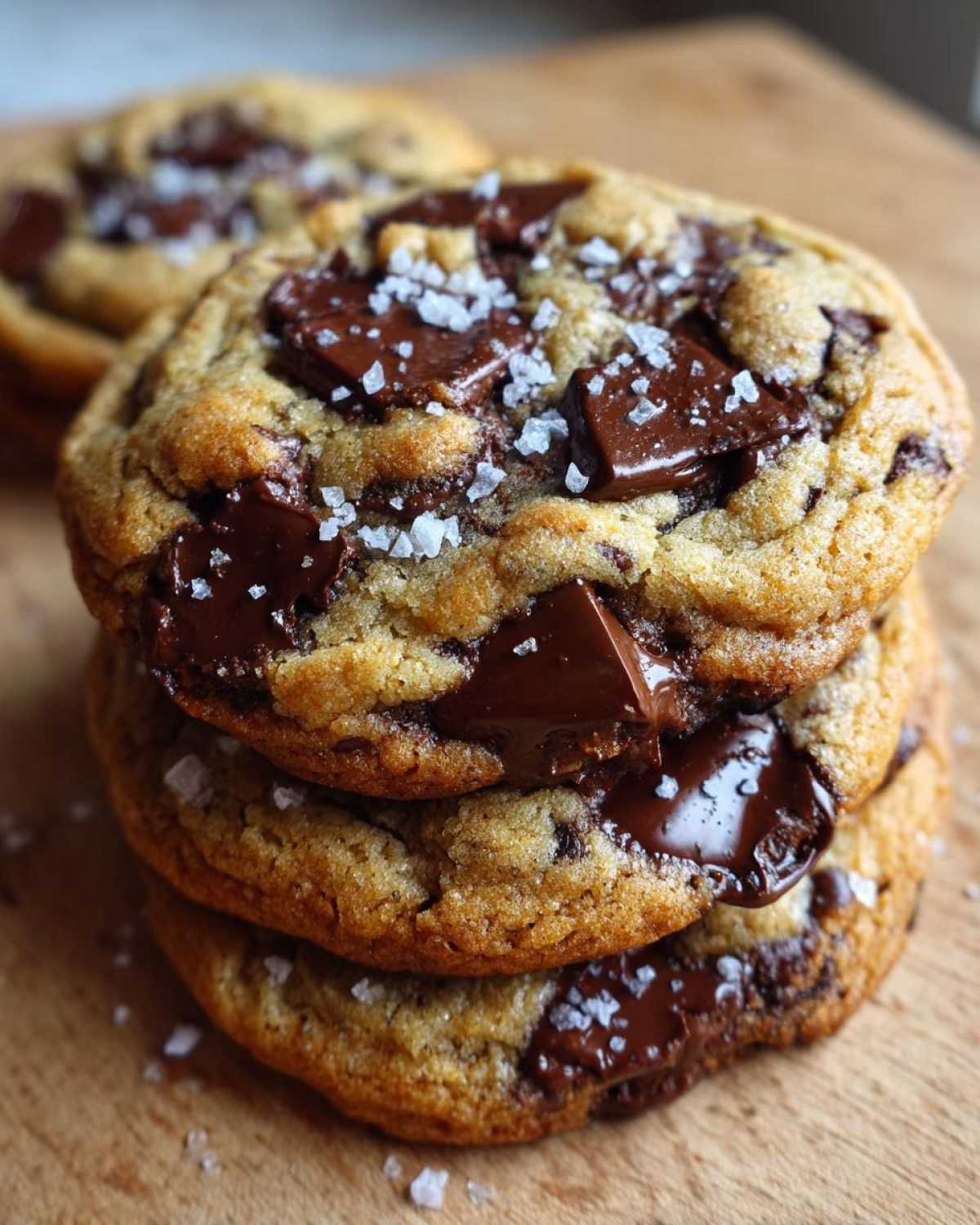 A close-up stack of three gooey chocolate chip cookies topped with flaky sea salt.