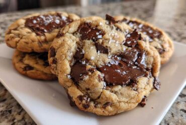 Close-up of three thick, gooey chocolate chip cookies topped with flaky sea salt on a white plate.