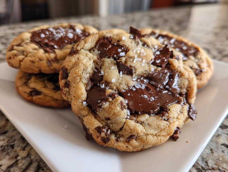 Close-up of three thick, gooey chocolate chip cookies topped with flaky sea salt on a white plate.