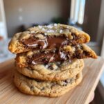 Stack of three thick chocolate chip cookies, with the top one broken open revealing molten chocolate.