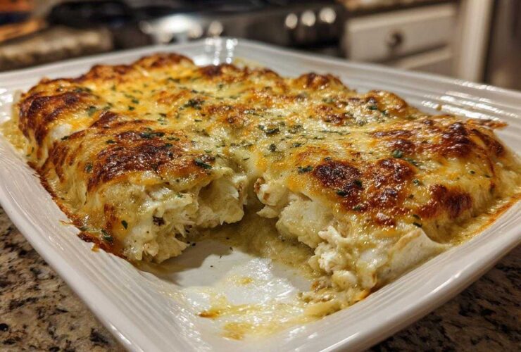 A close-up of baked green chile chicken enchiladas covered in melted, browned cheese in a white baking dish.