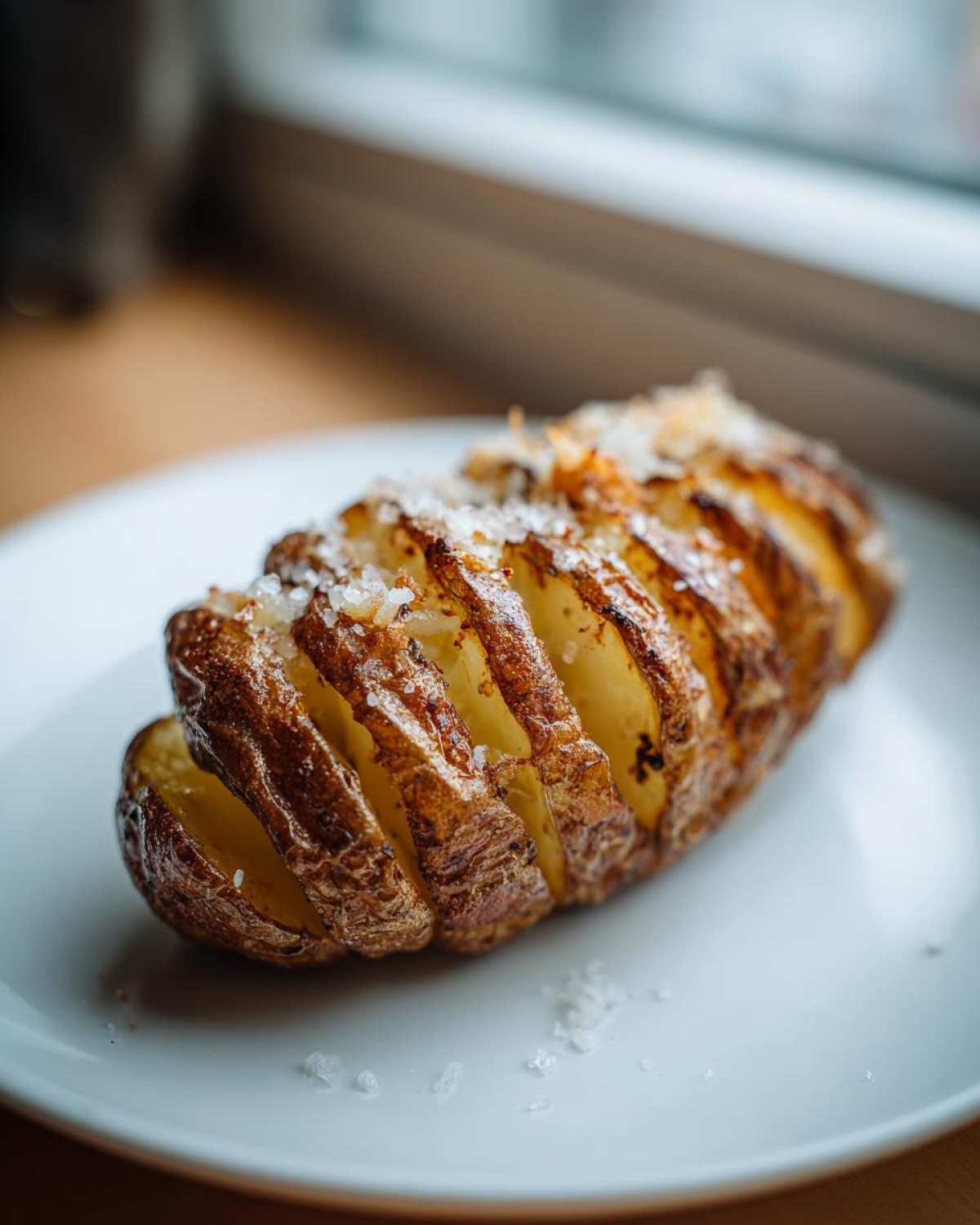 A perfectly cooked, sliced Hasselback air fryer baked potato seasoned with coarse salt on a white plate.