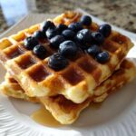 A stack of golden brown high protein waffles topped with fresh blueberries and maple syrup.
