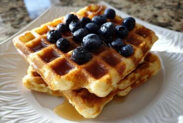 A stack of golden brown high protein waffles topped with fresh blueberries and maple syrup.
