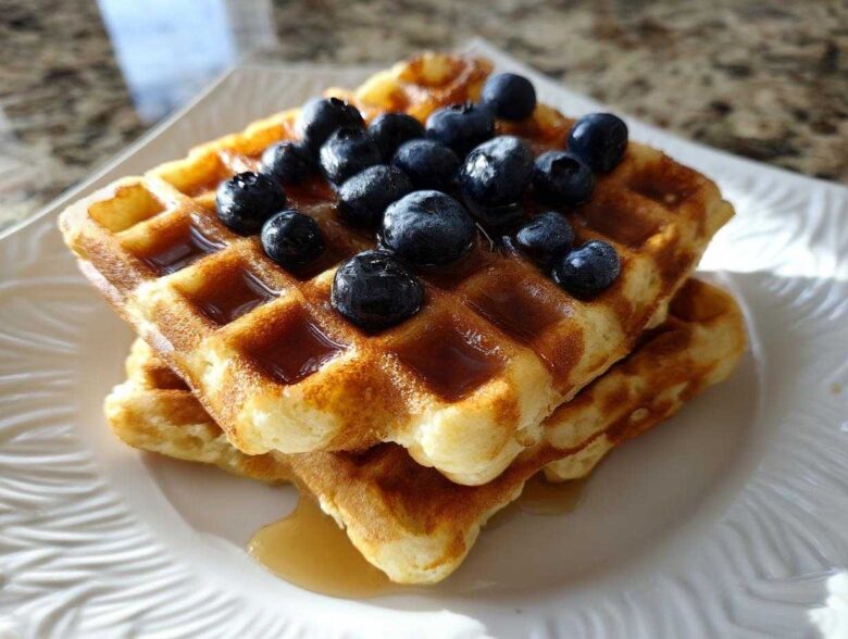 A stack of golden brown high protein waffles topped with fresh blueberries and maple syrup.