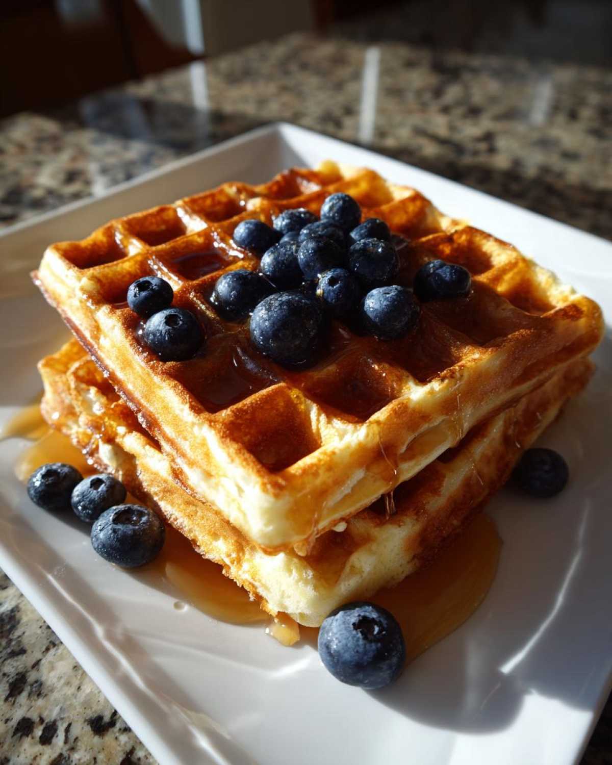 A stack of golden brown high protein waffles topped generously with fresh blueberries and drizzled with syrup.