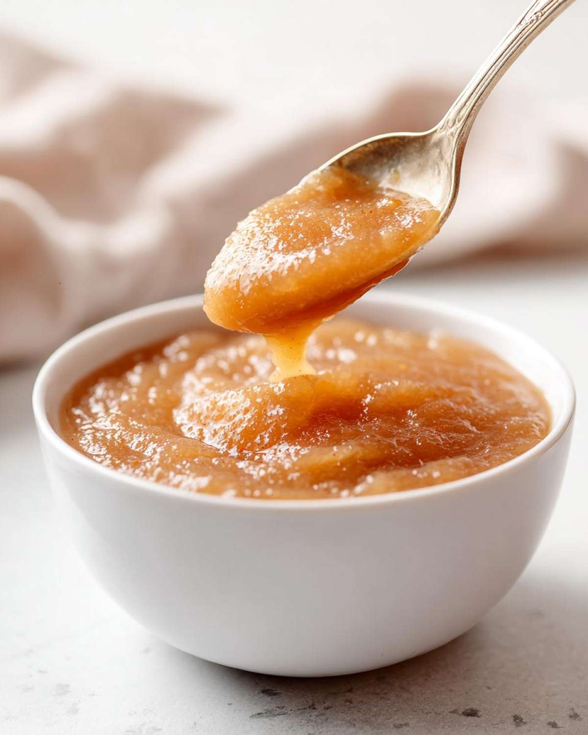 A spoonful of chunky, homemade applesauce being lifted from a white bowl.