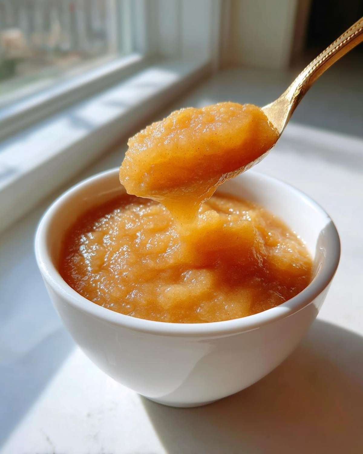 A spoonful of thick, homemade applesauce being lifted from a white bowl, showing specks of cinnamon.