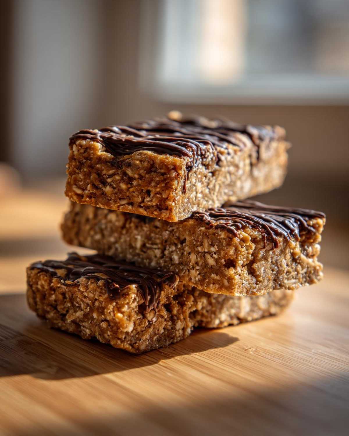 A stack of three homemade protein bars drizzled with dark chocolate on a wooden surface.