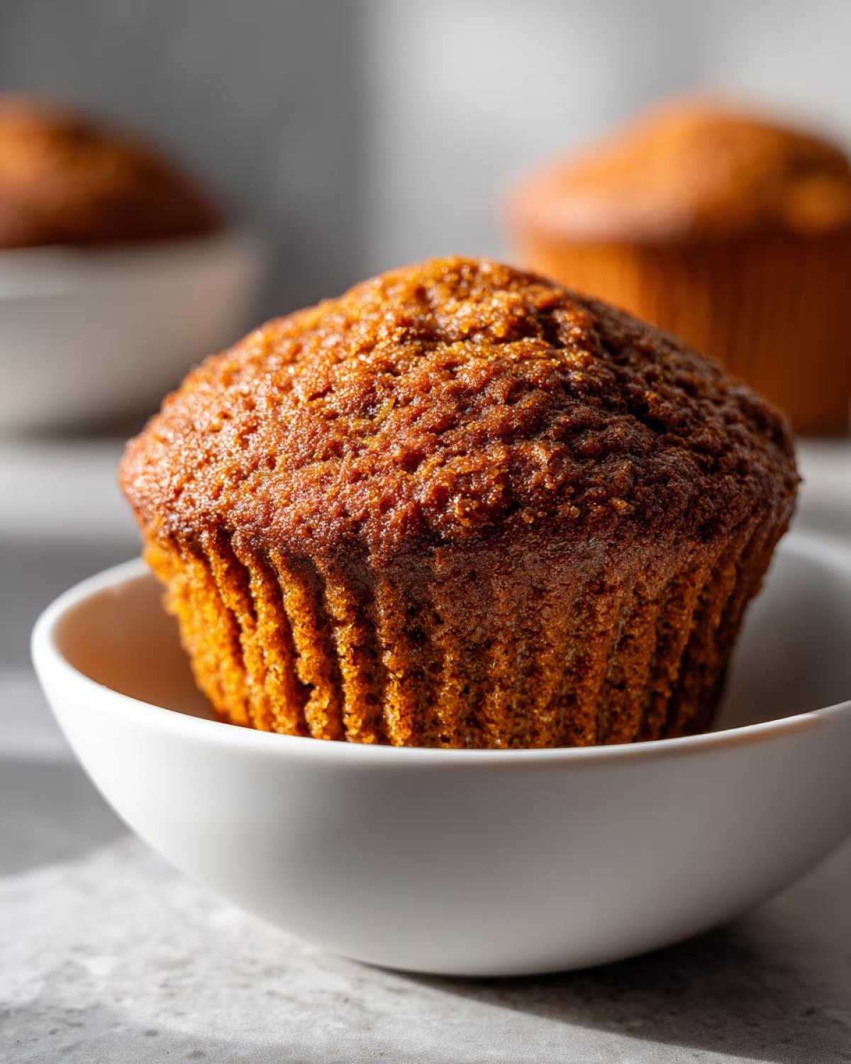 Close-up of a richly browned, domed honey bran muffin sitting in a small white bowl.