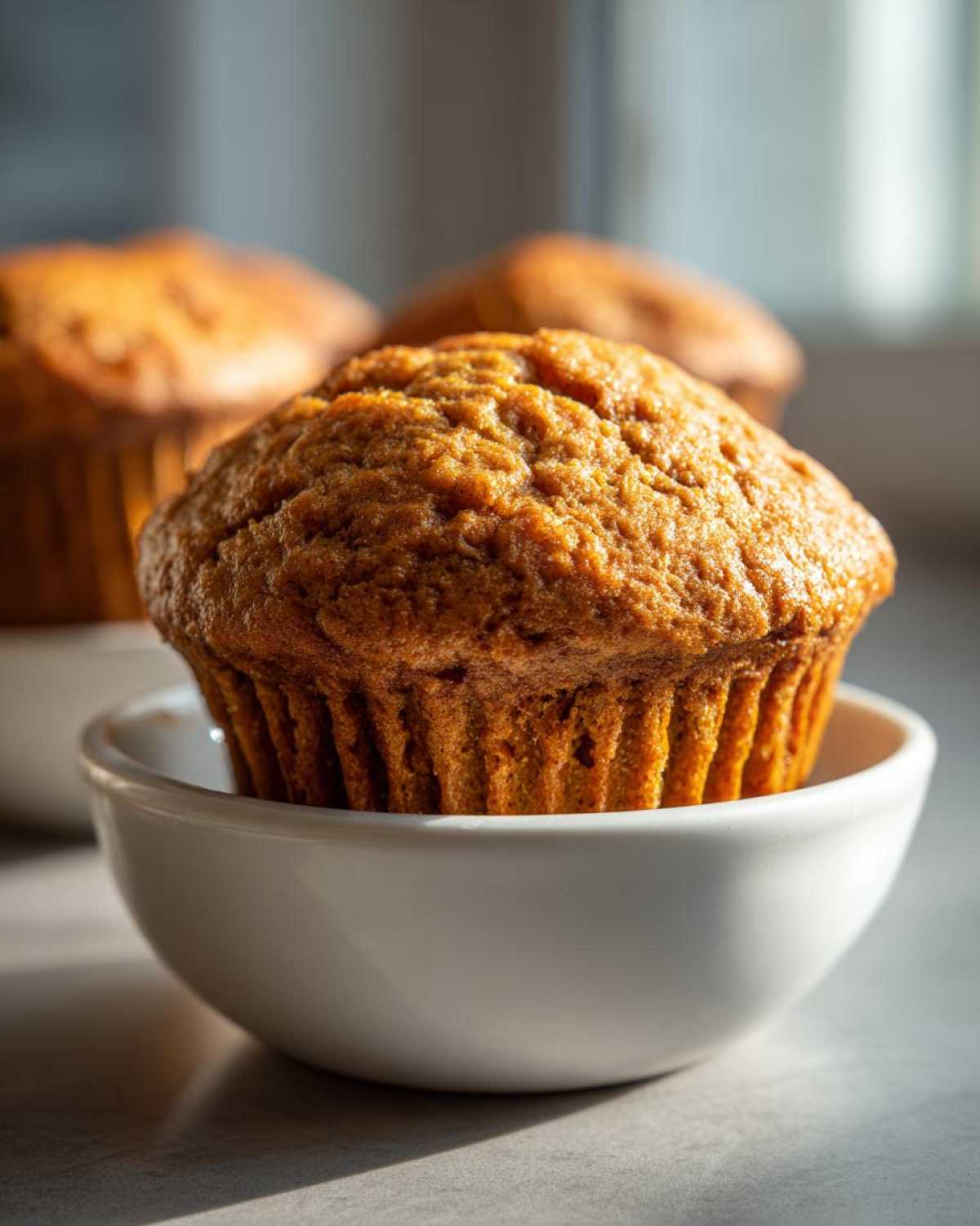 Close-up of a golden brown honey bran muffin sitting in a small white bowl, with more muffins blurred in the background.