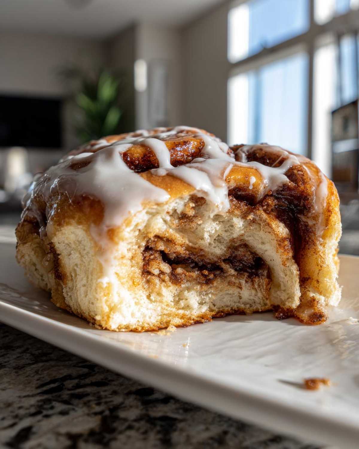 A close-up of a fluffy, iced cinnamon roll with a bite taken out, showing the gooey cinnamon swirl filling.