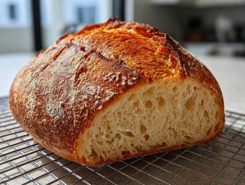 Close-up of a rustic Italian bread loaf, sliced to show the airy crumb and deep golden crust.