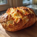 A freshly baked, golden loaf of Italian herb and cheese bread with a crispy, cheesy top crust.