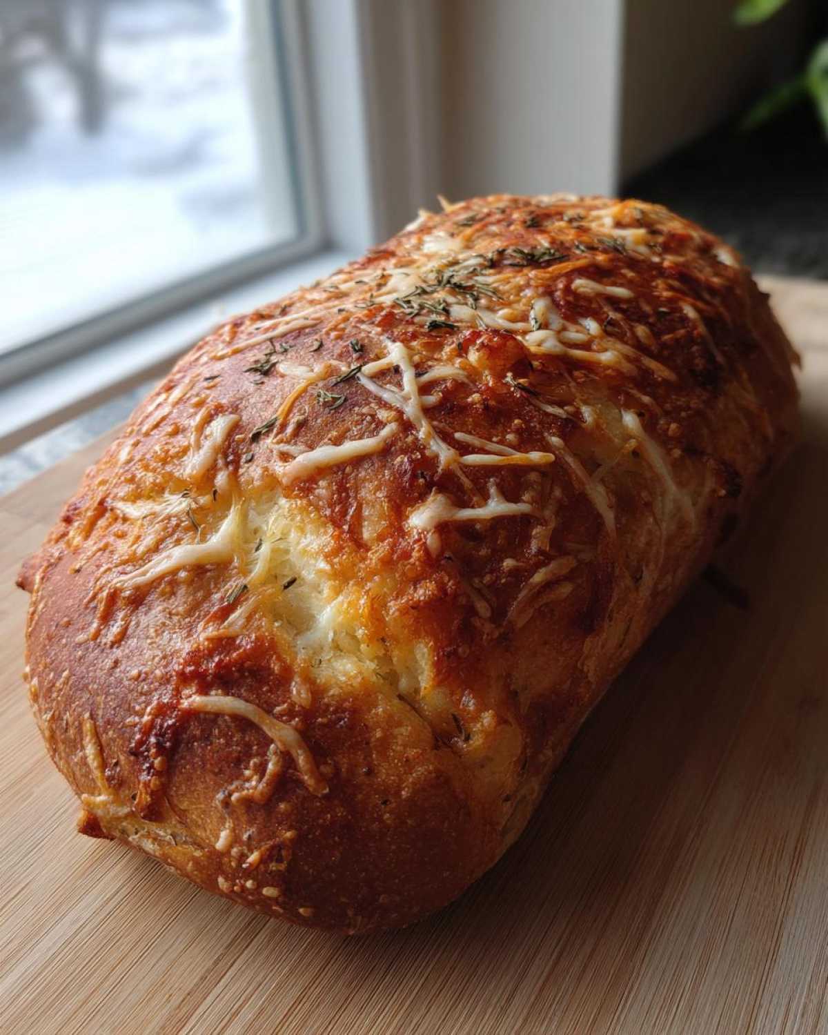 A golden-brown loaf of Italian herb and cheese bread topped with melted cheese and dried herbs.