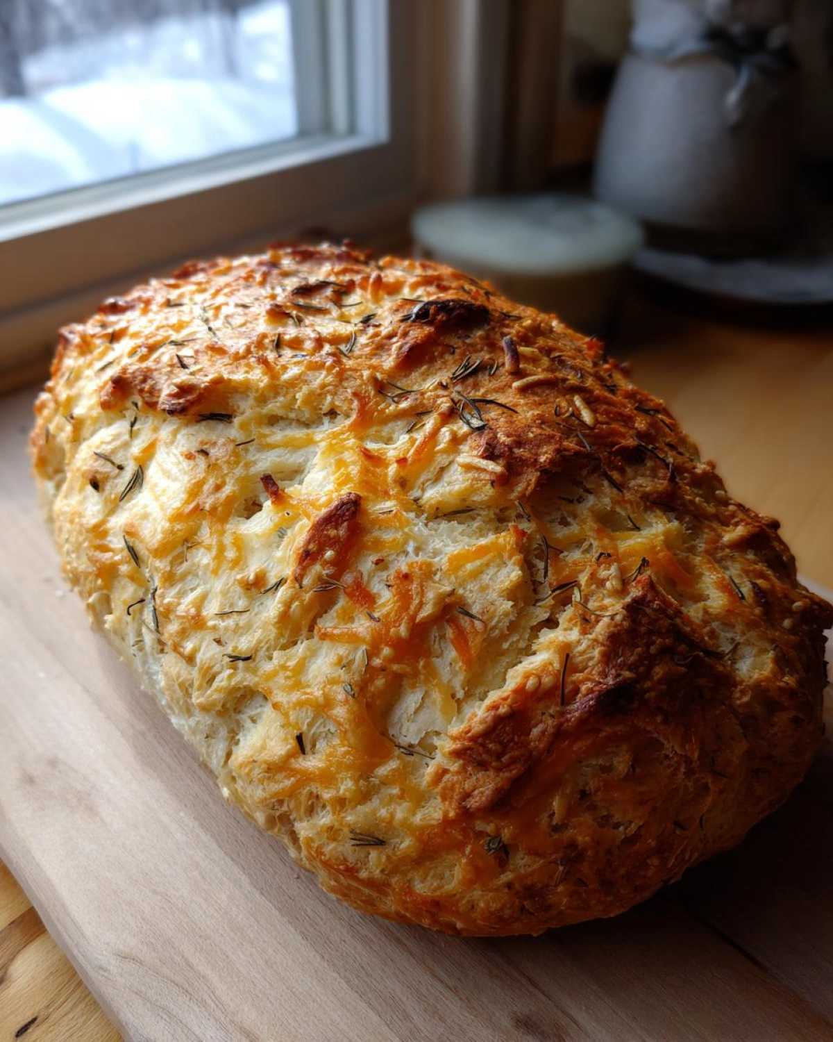 A freshly baked loaf of Italian herb and cheese bread with a golden, cheesy crust.