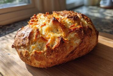 A freshly baked, golden loaf of Italian herb and cheese bread with a crispy, cheesy top crust.