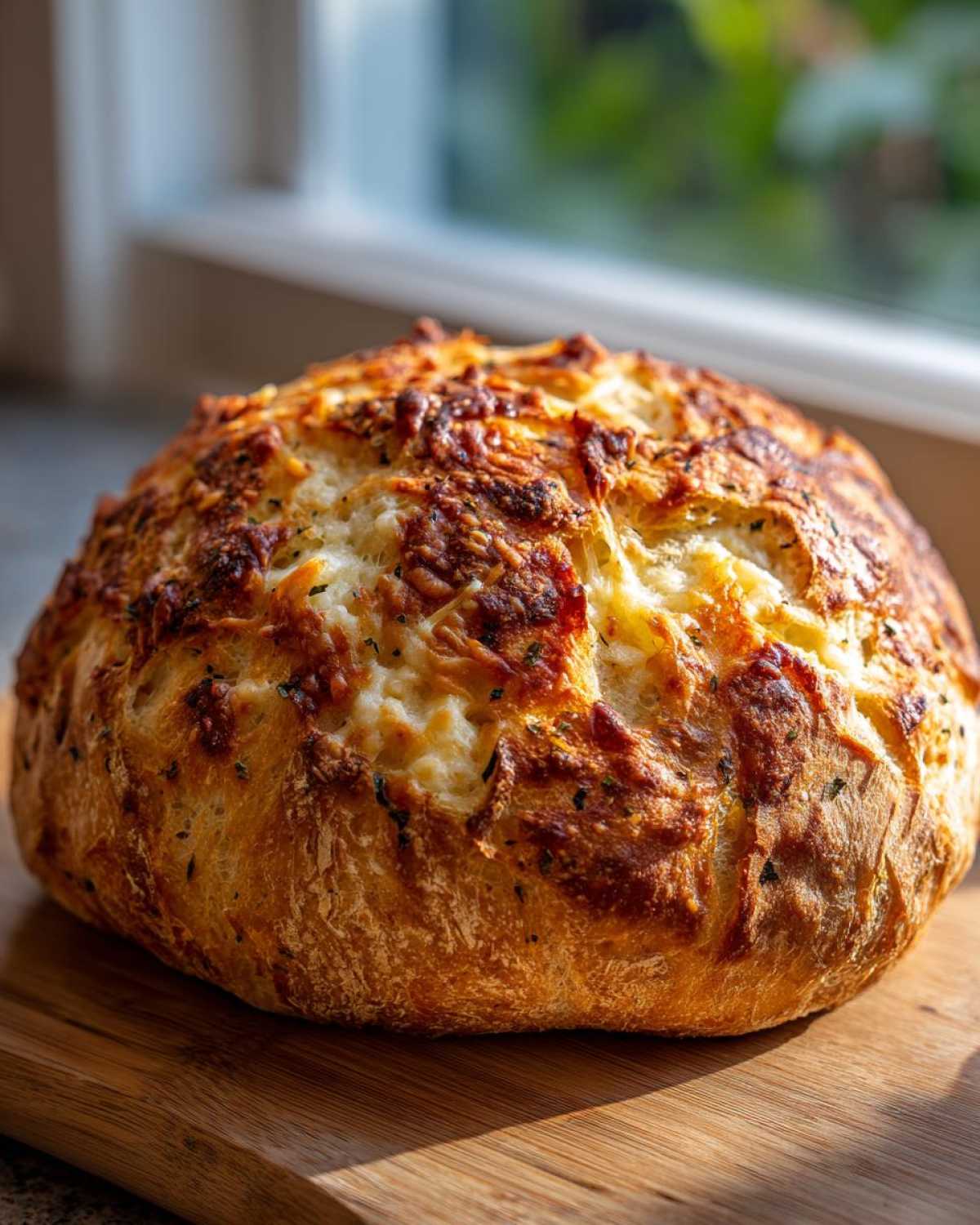 A freshly baked, round loaf of Italian herb and cheese bread with a golden, bubbly cheese crust.