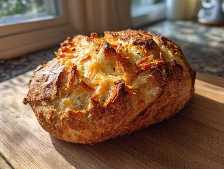 A freshly baked, golden loaf of Italian herb and cheese bread with a crispy, cheesy top crust.