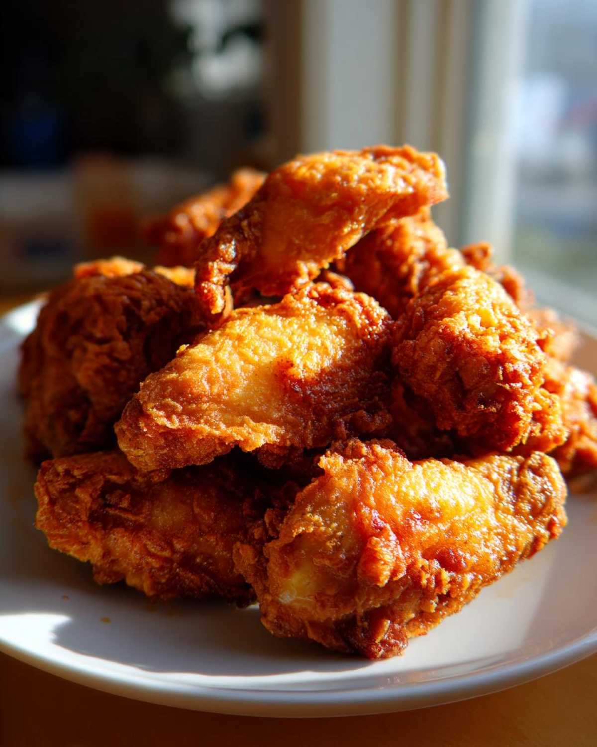 A close-up of a pile of perfectly crispy, golden brown fried chicken wings glistening under natural light.