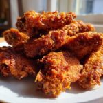A close-up of a mound of golden brown, crispy fried chicken wings stacked on a white plate, catching bright sunlight.