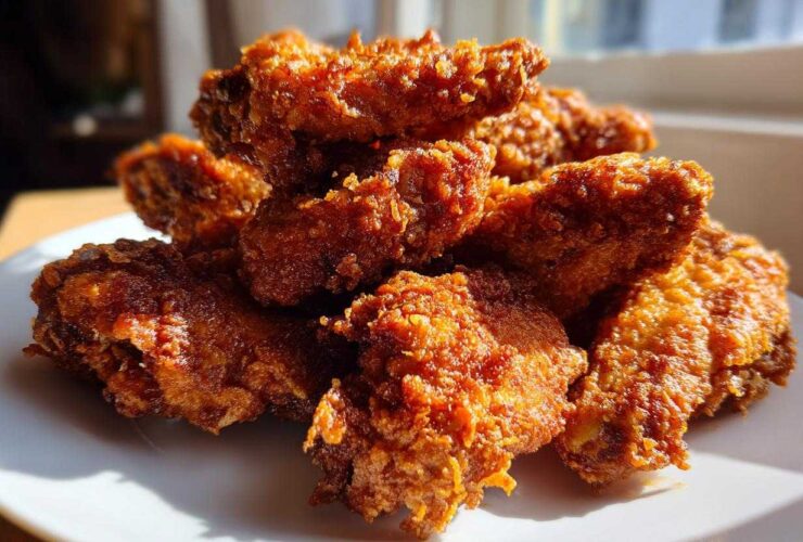 A close-up of a mound of golden brown, crispy fried chicken wings stacked on a white plate, catching bright sunlight.